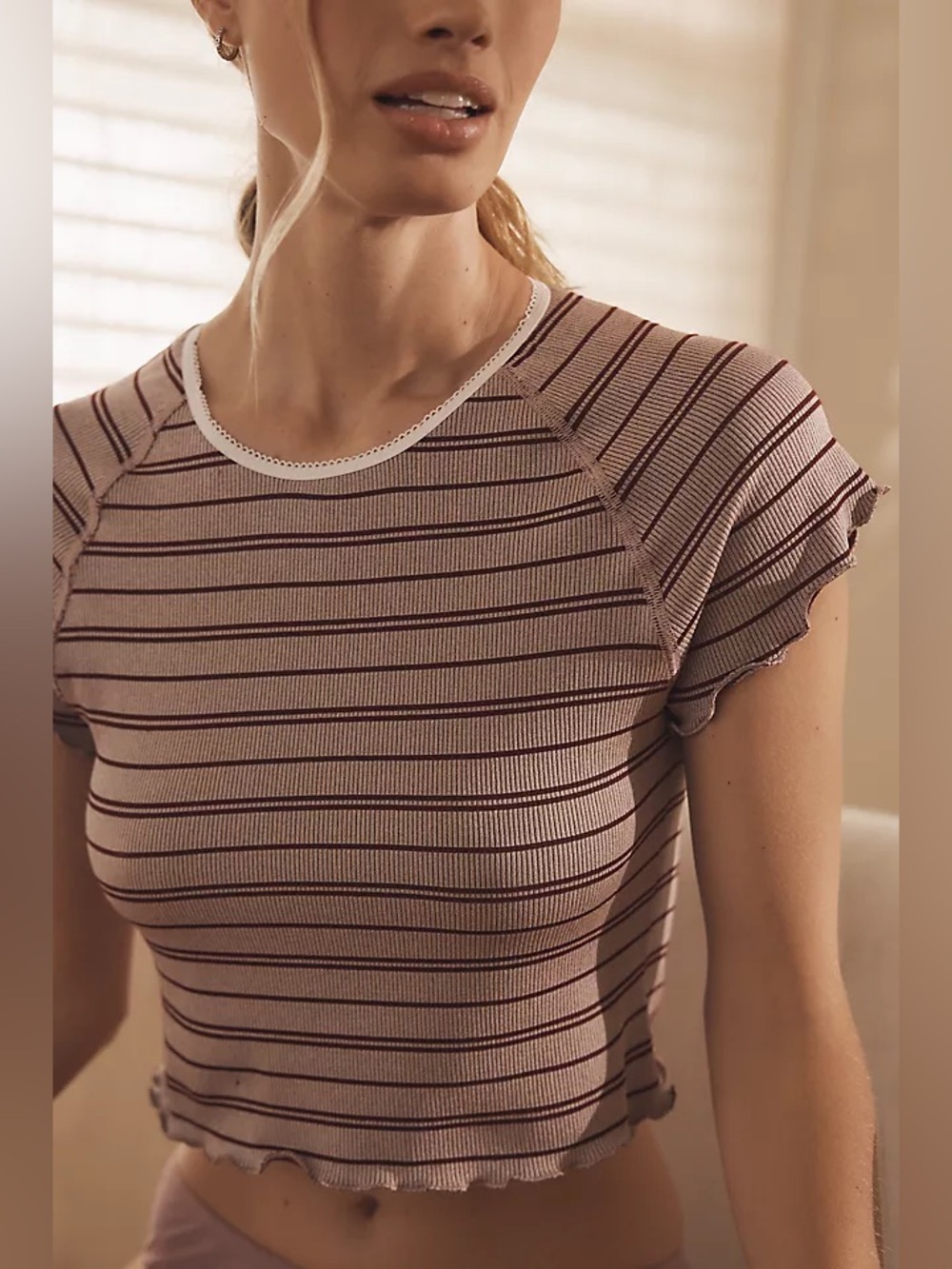 Anthropologie Burgundy Cream Striped Pointelle Crop Lettuce Hem Baby Tee L / XL